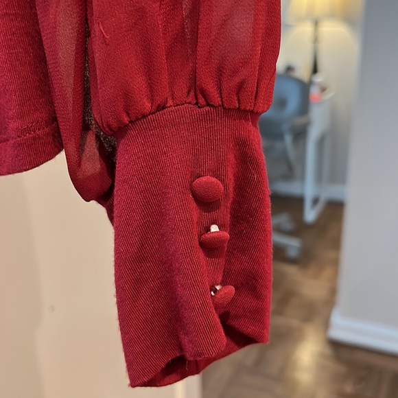 Vince Camuto top, color is burgundy. Sleeves are sheer - Picture 3 of 4